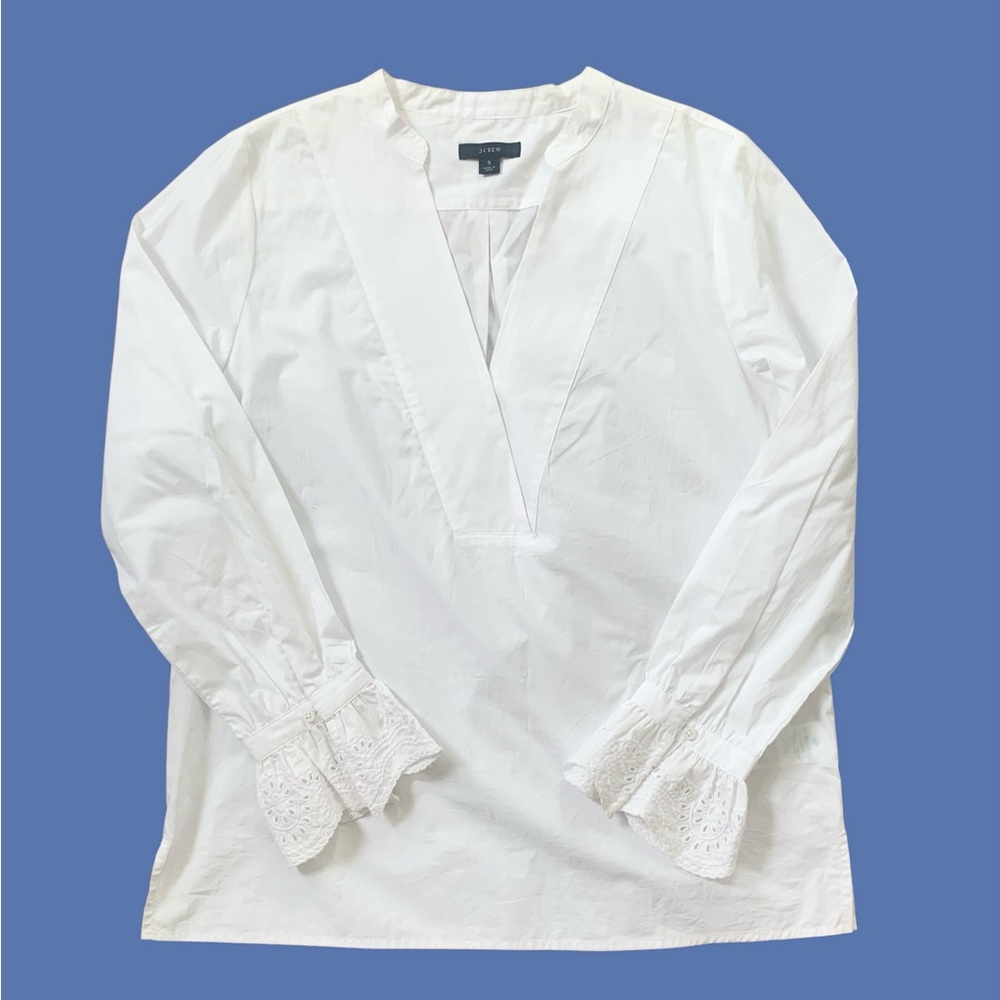 J.Crew White Cotton Popover Blouse Eyelet Lace Cuff Small Coquette Romantic